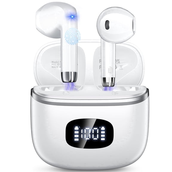 Wireless Earbuds Bluetooth 5.4 Noise Cancelling for iPhone Android with 4 ENC Mic, Dual LED Display, 50H Playtime IPX7 Waterproof In Ear Headphones, White