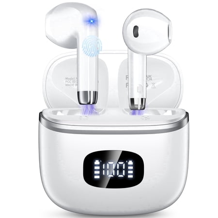 Wireless Earbuds Bluetooth 5.4 Noise Cancelling for iPhone Android with 4 ENC Mic, Dual LED Display, 50H Playtime IPX7 Waterproof In Ear Headphones, White