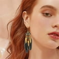 thumbnail image 3 of Long Feather Dangle Drop Statement Earrings for Women Gold-Toned Bohemian Enamel Fan Shaped Leaf Turquoise Beads Fringe Tassel Dangling Studs Earring Lightweight Fish Hook Vintage Ethnic Jewelry, 3 of 12