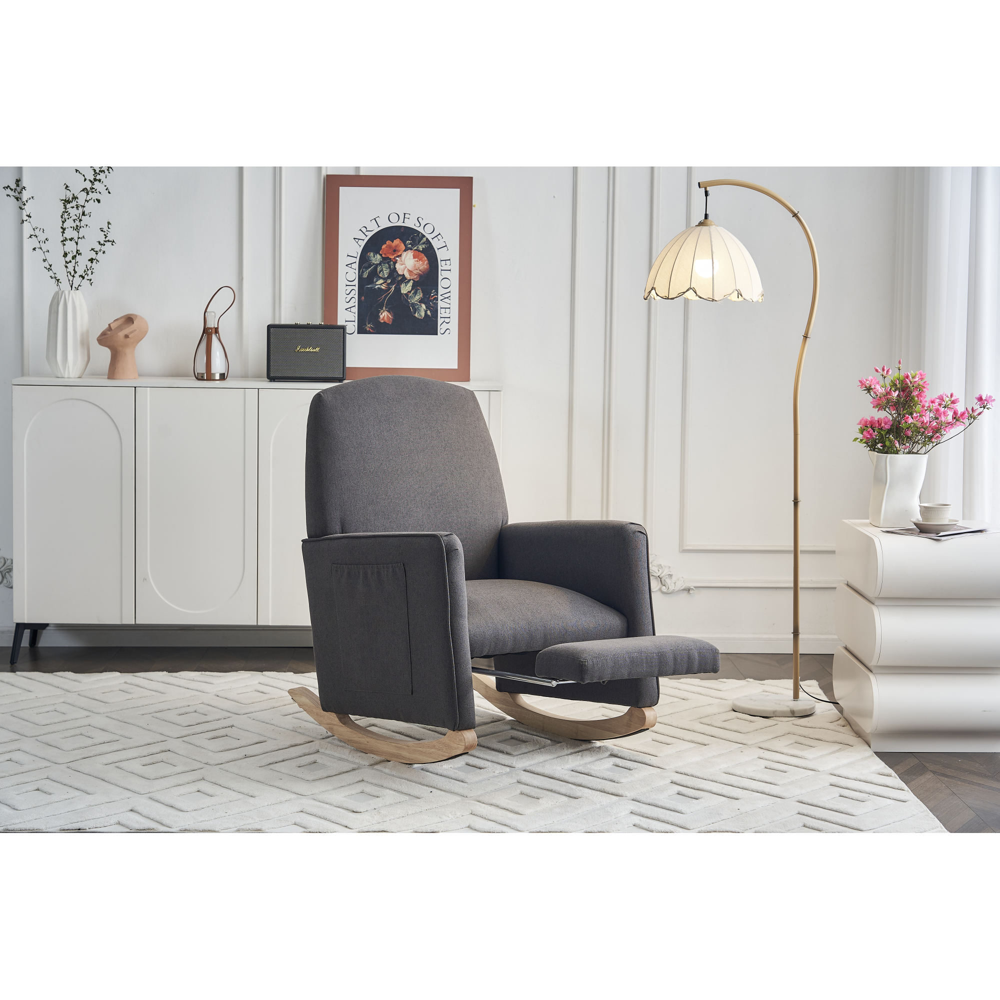 Jopath Nursery Rocking Chair,Cotton Linen Upholstered Rocking Chair with Adjustable Footrest,Glider Rocker Chair with High Backrest for Living Room,Bedroom,Dark Gray