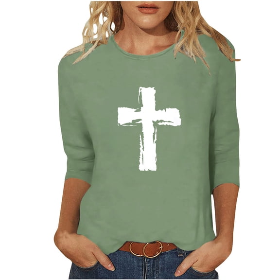 Yievot 3/4 Length Sleeve Womens Easter Shirts Graphic Printed Tee Loose Crew Neck Womens Tops