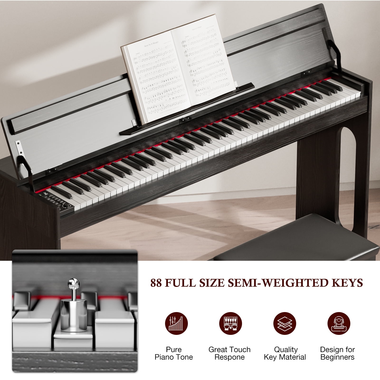 UMOMO 88 Key Digital Piano Keyboard, Full Size Electric Piano with Piano Stand, Headphone Jack, 3 Pedal, Electronic Piano for Beginner, Adults, Black