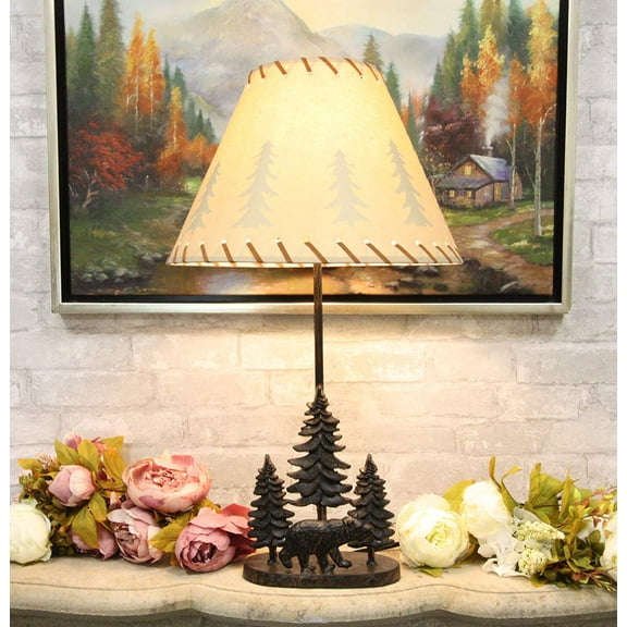 Ebros Rustic Black Bear in Pine Trees Forest Metal Table Lamp & Shade 24.5"High