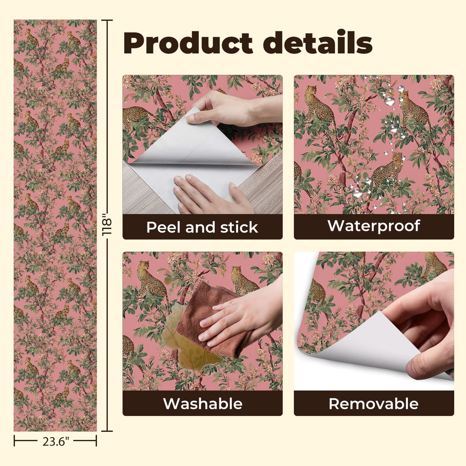 Peel and Stick Wallpaper Leopard Print Floral Pink Wall Mural 23.6in x 9.8ft Self Adhesive Removable Wall Paper Renter Friendly Wallpaper for Nursery Bedroom Cabinets