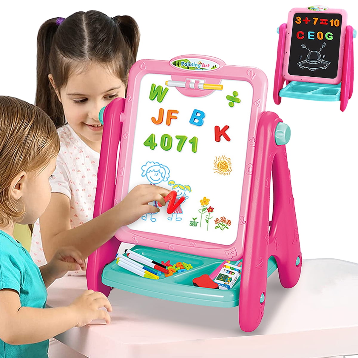 4-in-1 Foldable Easel 2 Sided Chalkboard Painting Magnetic Letters & Numbers Art 