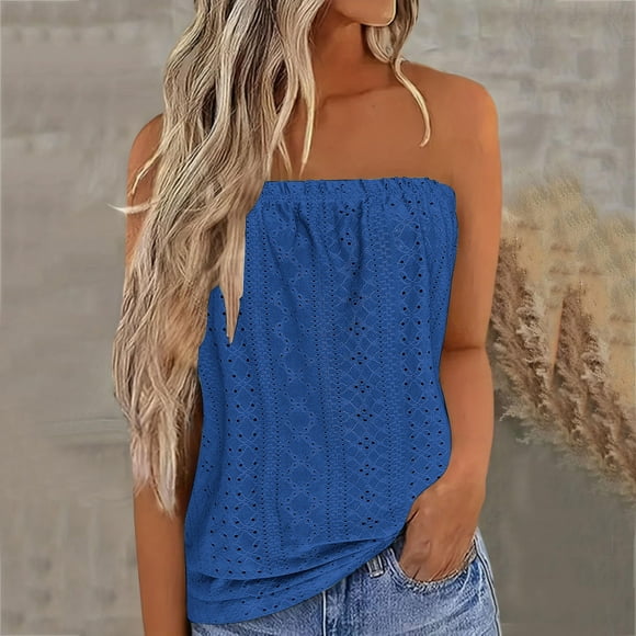 Pxiakgy shirts for women Bandeau Top Women's Breathable Sleeveless Summer Tops Stretch Tube Top Off Shoulder Top Casual Beach Strapless Top Backless Top Party Loose Backless Top Blue + S