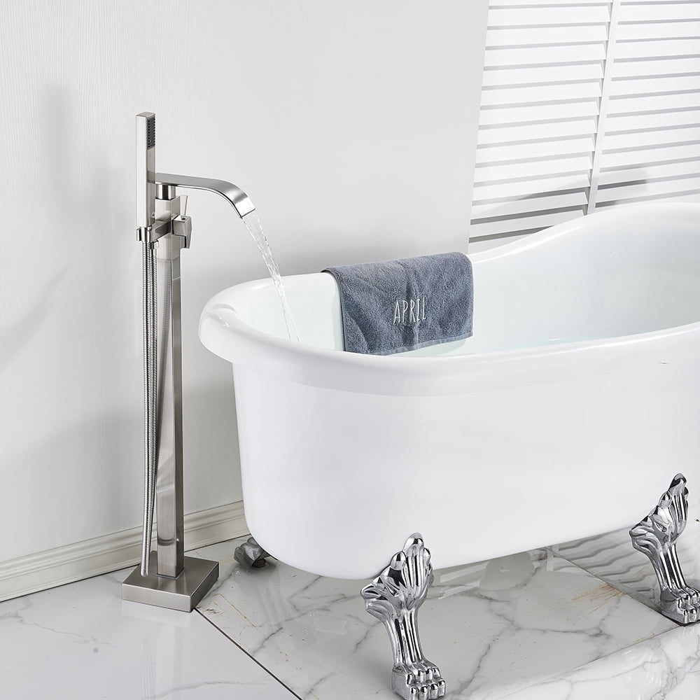 Free standing Bathtub Faucet Brushed Nickel Floor Mount Tub Filler Mixer Shower