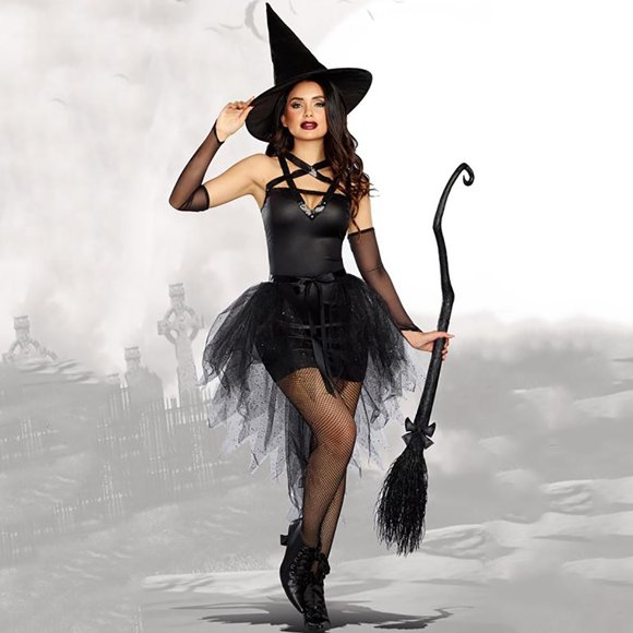 LOVZFMLL Women's Halloween Witch Dress Nightclub Makeup Role Playing Doll Costume Dress Set Black M