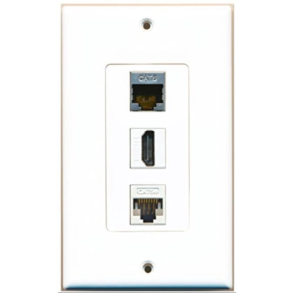 RiteAV - 1 Port HDMI 1 Shielded Cat6 Ethernet 1 Cat5e Ethernet White Wall Plate Decorative