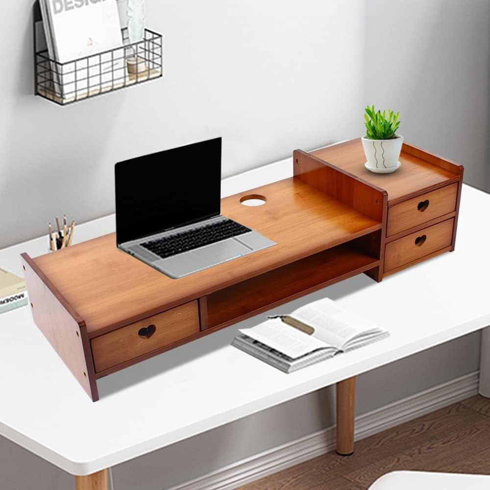 Monitor Stand Riser with 3 Drawers 2-Tier Bamboo Wood Computer Riser for Desk Home Office Desktop Stand Storage Organizer for TV Laptop Computer PC