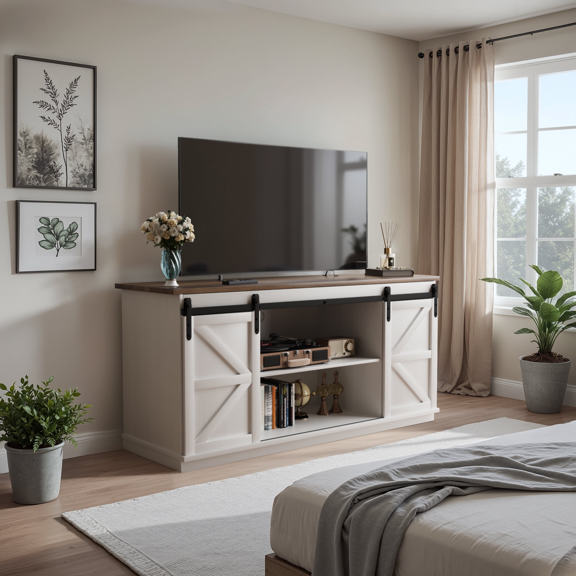 Vineego 58 inch Farmhouse TV Stand and Entertainment Center for Televisions,with Sliding Barn Doors and Storage Cabinets,Milk White