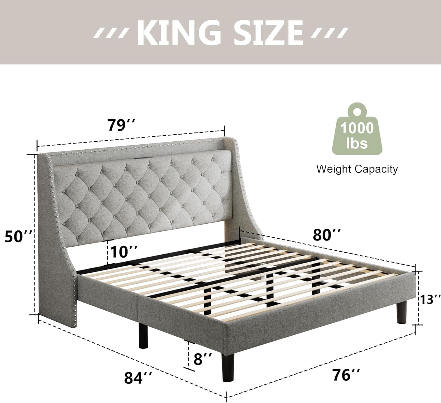 AENKYO King Size Platform Bed with Fast Charging Station, Storage Wingback Headboard, No Box Spring Needed, Gray