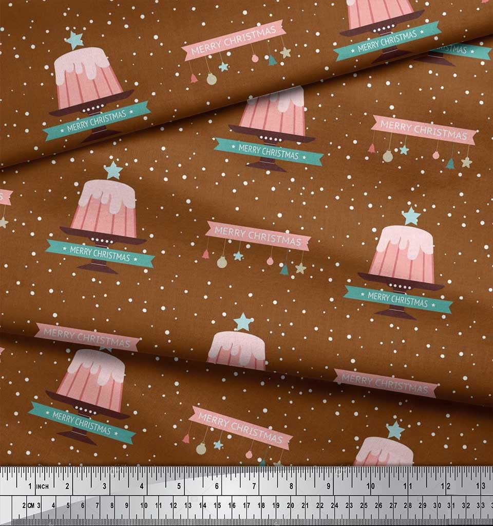 Soimoi Brown Modal Satin Fabric Cake & Ornaments Christmas Print Sewing Fabric Yard 42 Inch Wide