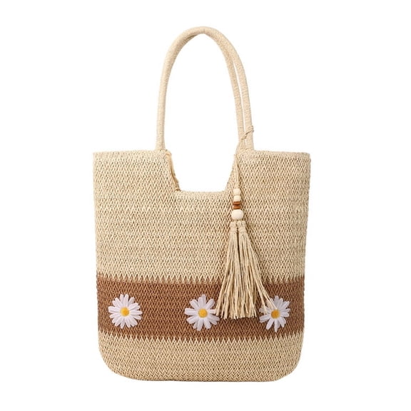 Straw Bags for Women, Daisy Woven Straw Beach Tote with Tassels Casual Shoulder Handbag (Beige)
