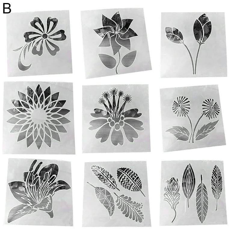 9 Pieces Flower Stencils for Painting on Wood Canvas, Reusable Art Rose Sunflower Bird Leaf Floral Stecil Drawing Template for Paint Nature Design