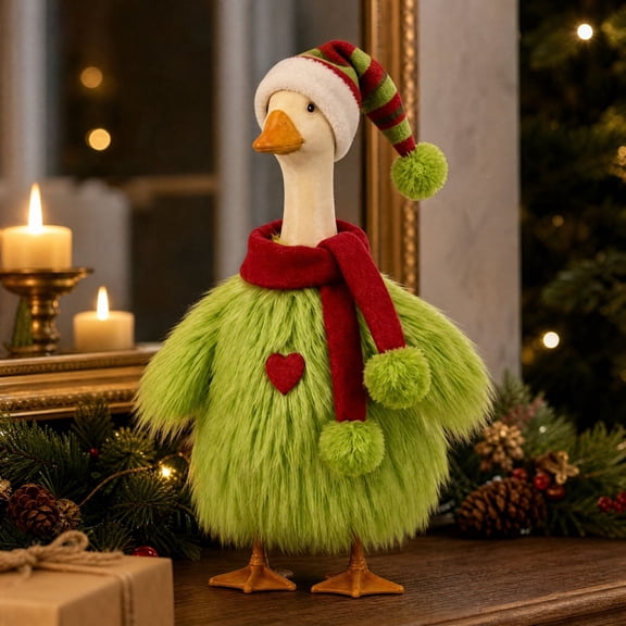 Christmas Porch Goose Outfits Funny White Green Goose Outfit Lawn Porch Goose Clothes Fits 23" Cement Plastic Goose Statue for Xmas Outdoor Garden Yard Patio Statue Art Decor