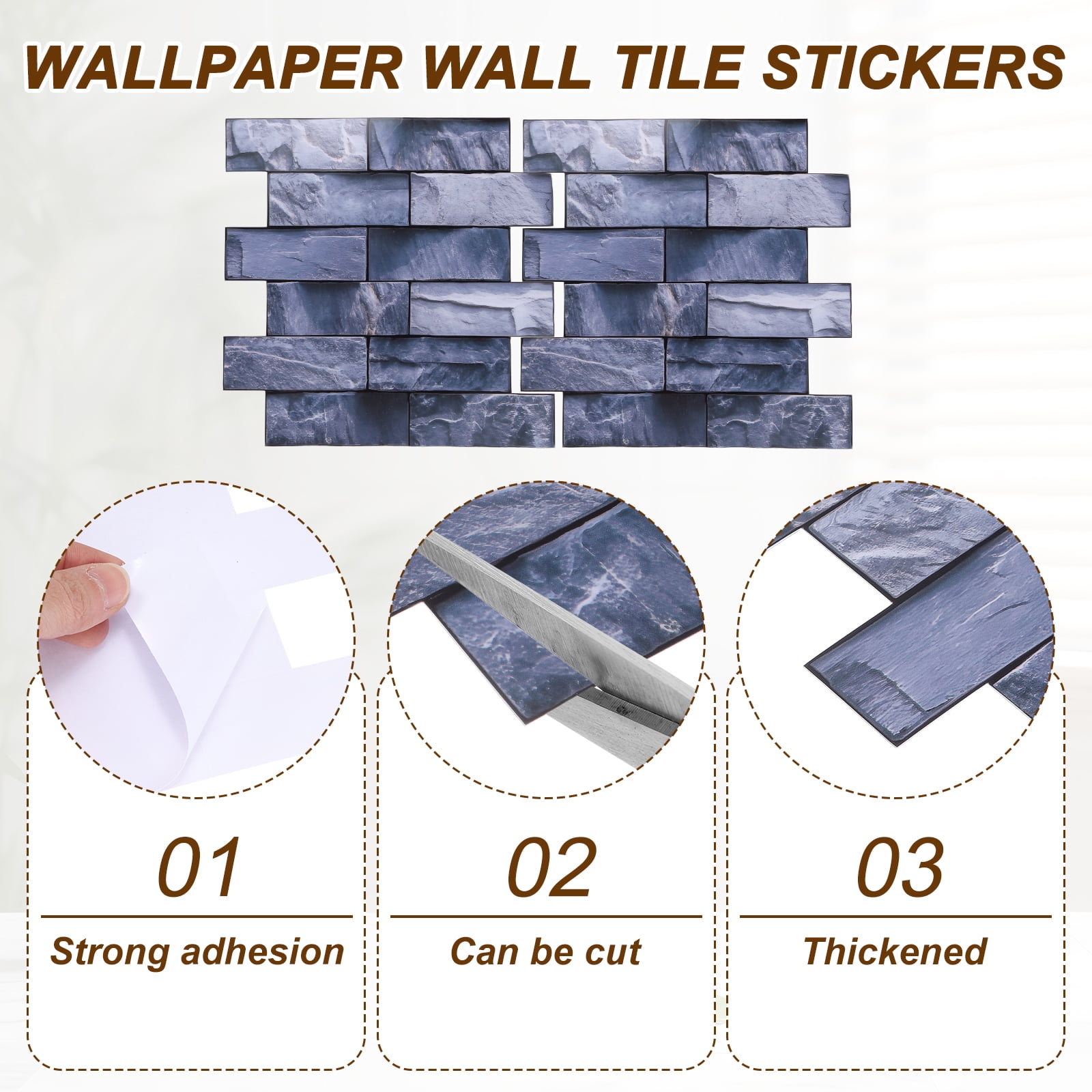 Uxcell 10Pcs Peel and Stick Backsplash Tiles 10.6" x 10.6" 3D Thickened Stone Texture Self-Adhesive Tile Stickers Wallpaper Wall for Kitchen Bathroom Bedroom, Black Silver Gray