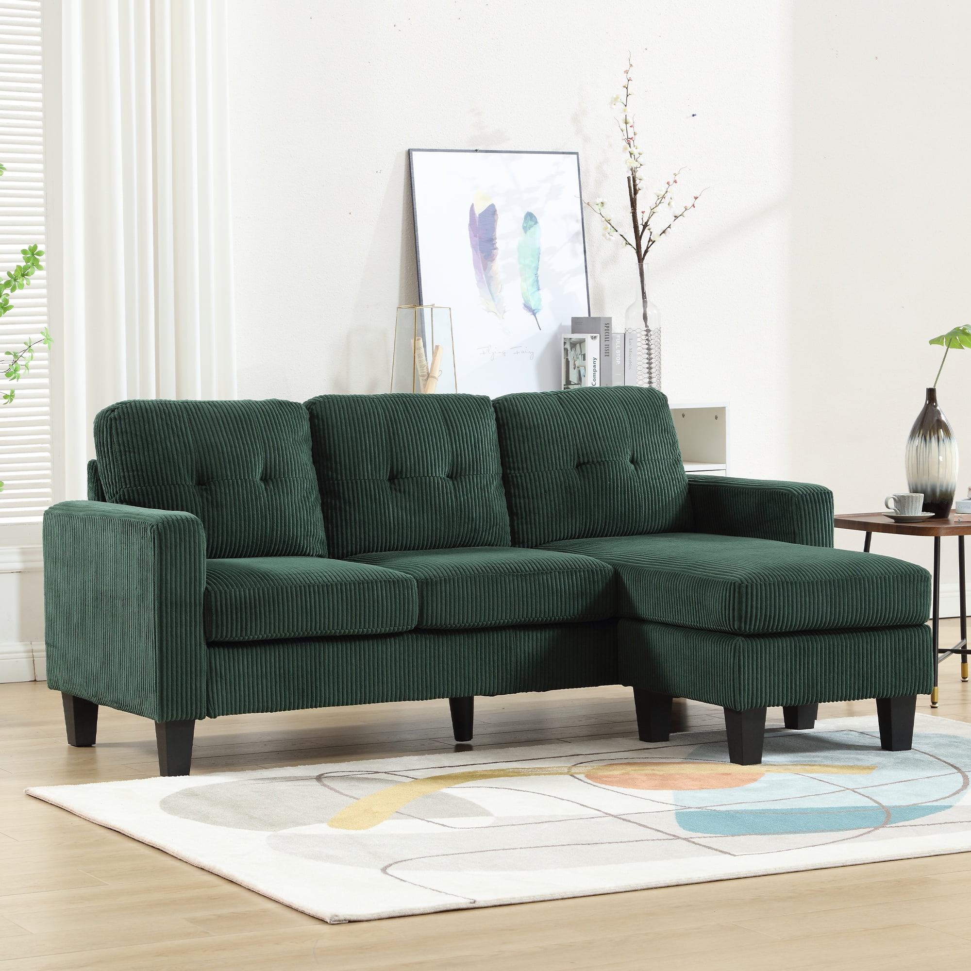 PORKISS Sectional Sofa with Ottoman, Velvet Fabric Sectional Couch, 3 Seat L Shaped Sofa for Apartment, Green