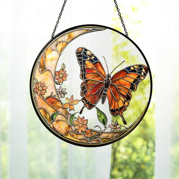 New Stained Glass Monarch Butterfly Suncatcher, Monarch Glass Art Room Decor, Butterflies And Wildflowers Glass Window Hanging Nature Lover Gift, housewarming gift