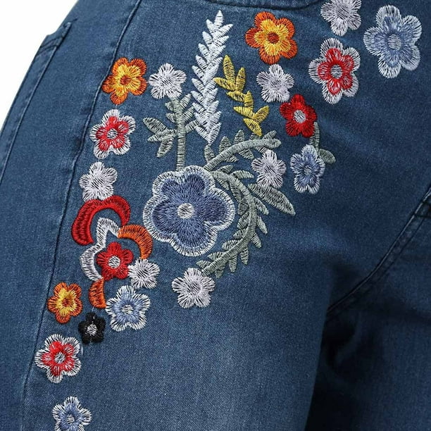 TopLLC Bell Bottom Jeans for Women Chic Floral Embroidered High