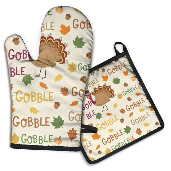 Happy Thanksgiving Turkey Fall Leaves Kitchen Oven Mitt and Pot Holder Sets 2 Pcs for Baking, Cooking and Grilling, Heat Resistant Up To 392 °F