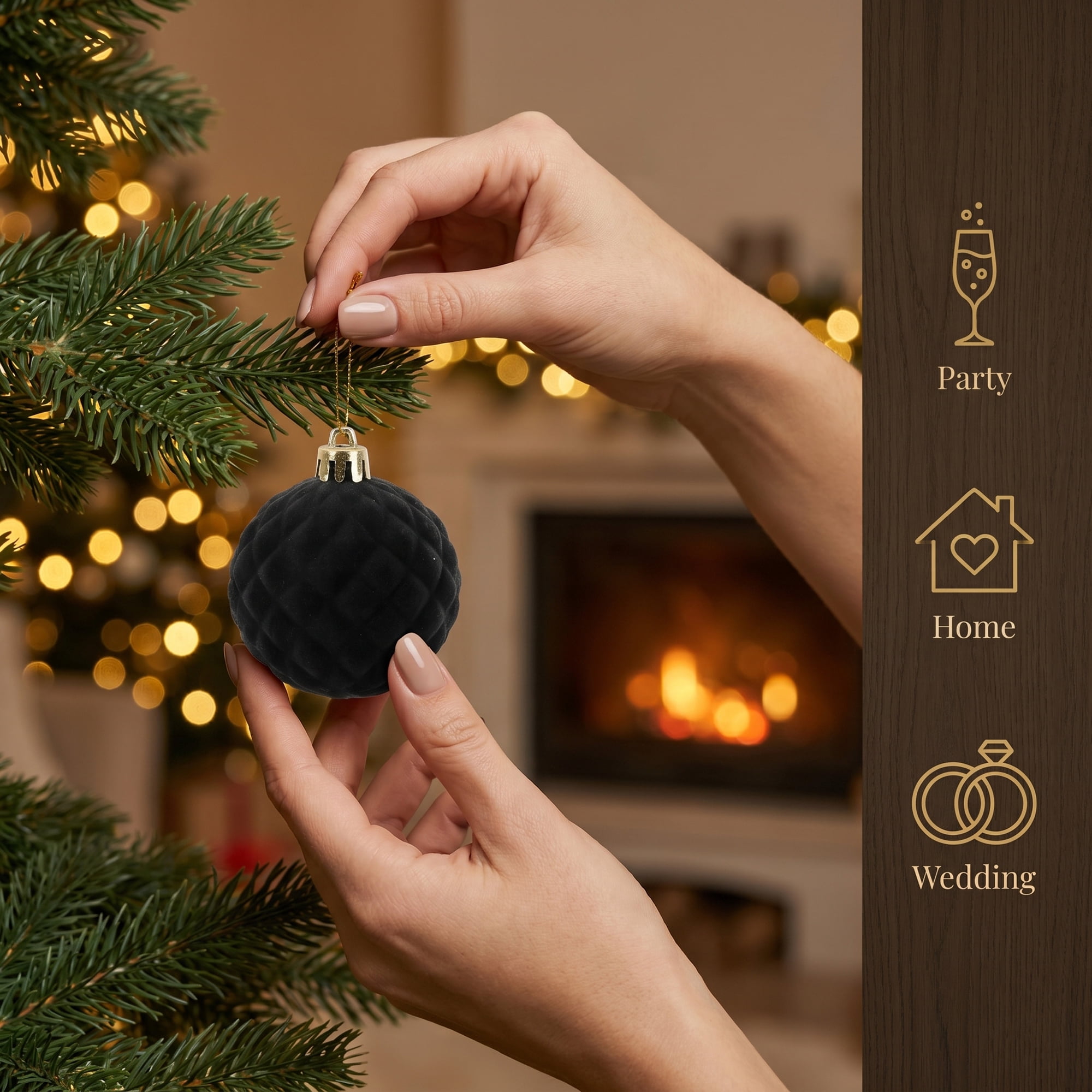 Unique Bargains Velvet Christmas 12 Pack Flocked Sphere Orbs Luxury Ornaments Black 2.4"