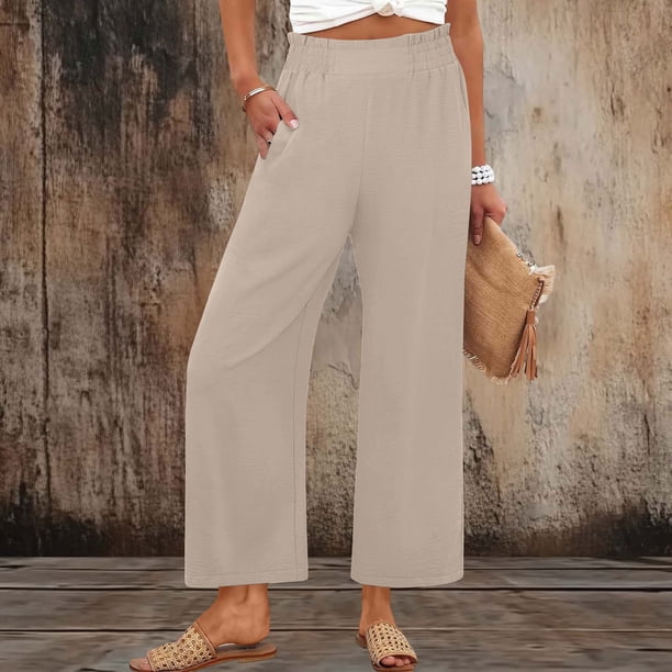 Pincandy Women's Summer Solid Color Loose Straight Leg Pants with Pockets & Ruffle Details, High Waist Elastic Waistband, Seaside & Daily Wear