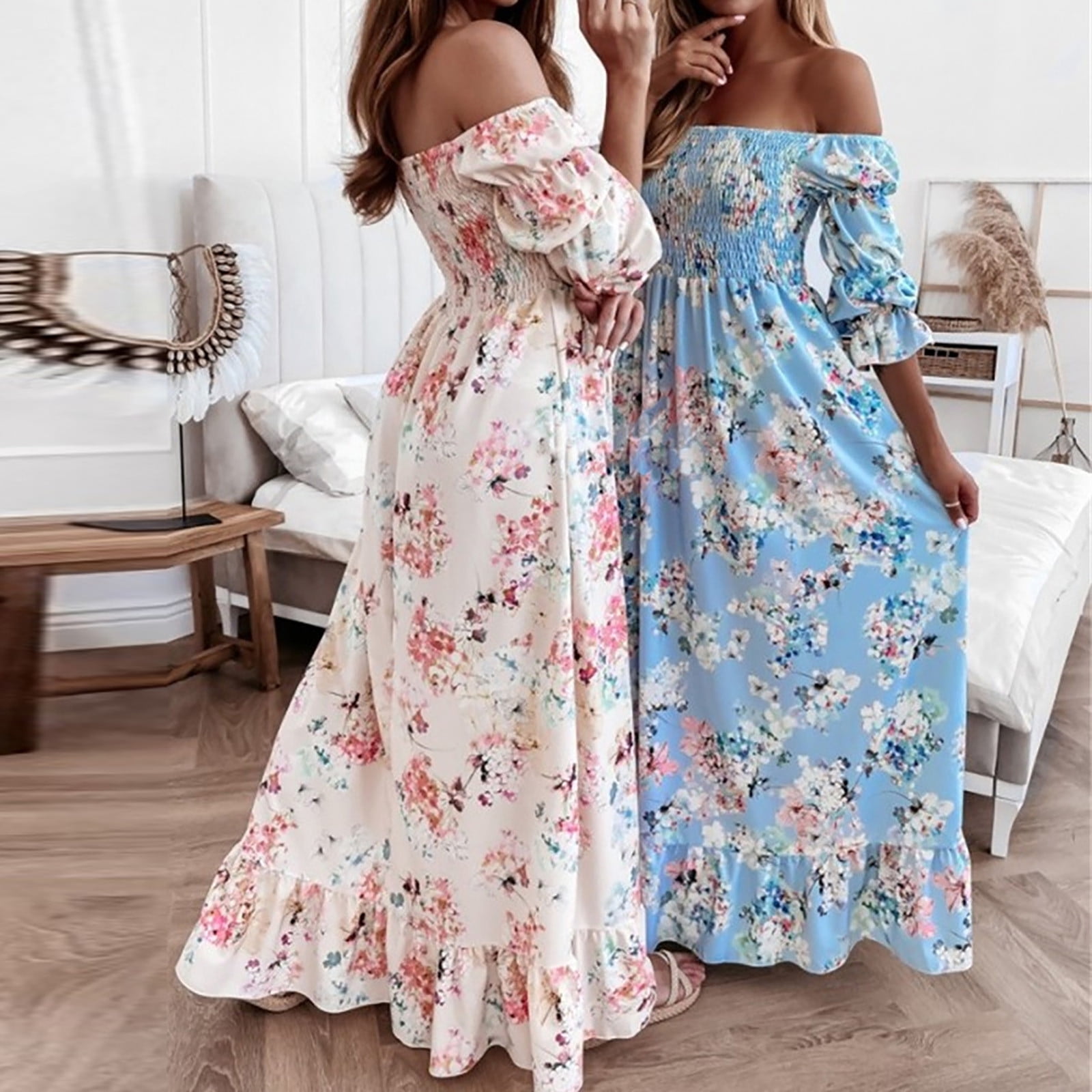 pstuiky Womens Dresses Women s Fashion Summer Straight Shoulder Printing Short Sleeve Ankle length Dress Wear to Work Dresses Summer Savings