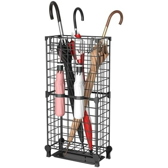 Umbrella Holder Entryway, Umbrella Stand Freestanding, Metal Square Umbrella Rack Organizer with a Removable Drip Tray, Hooks, Black