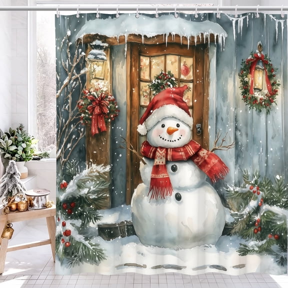 AOFOTO Christmas Snowman Shower Curtain for Bathroom Farmhouse Watercolor Winter Cabin Door Bath Curtain with Hooks 72"W x 72"L