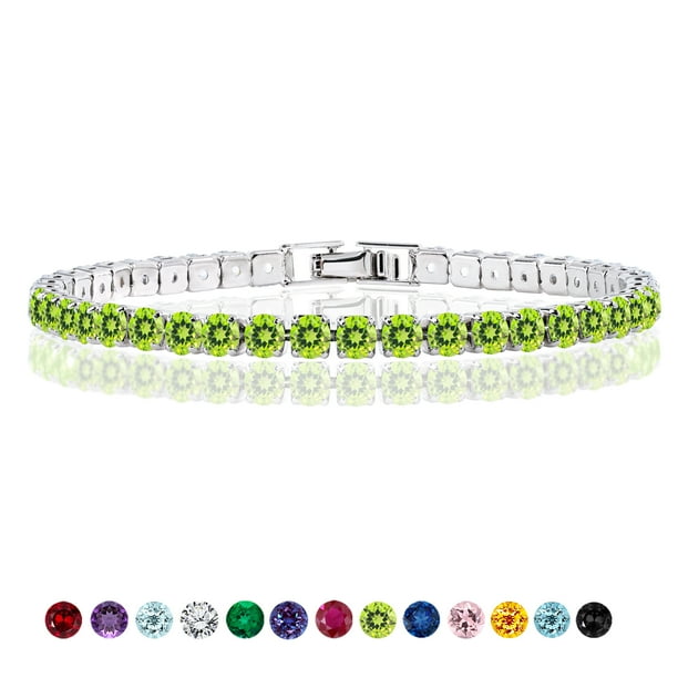 JeenMata 11 TCW Agosto de corte redondo - Peridoto - Pulsera de tenis con piedra natal para mujer en diseño de eternidad - Chapado en oro blanco, Mujer, Adulto