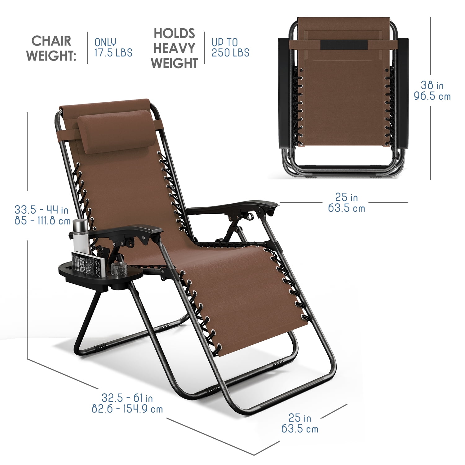 LammaLoe Zero Gravity Chair, Outdoor Lounge Chairs with Cup Holder, Brown
