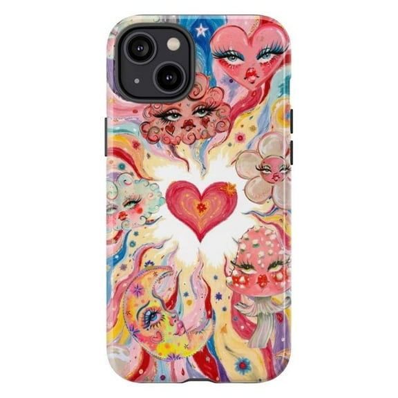 Whimsical Colorful Heart & Mushroom Faces Phone Case, Cute Artistic Fantasy Design iPhone 16 15 14 13 12 11 Pro Max Mini Cover