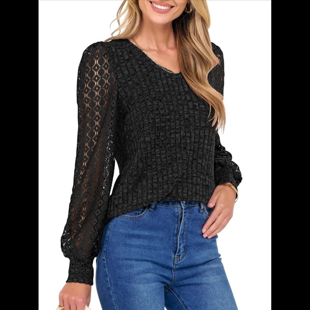 Blusas de Encaje de Larga para Mujer, Suéteres de Cuello en V A para Otoño 2025, Atuendos Elegantes e Informales de Invierno Negro XXL