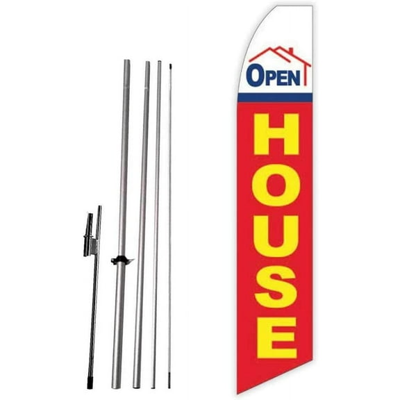 Open House Red/Yellow Super Novo Feather Flag - Complete with 15ft Pole Set and Ground Spike