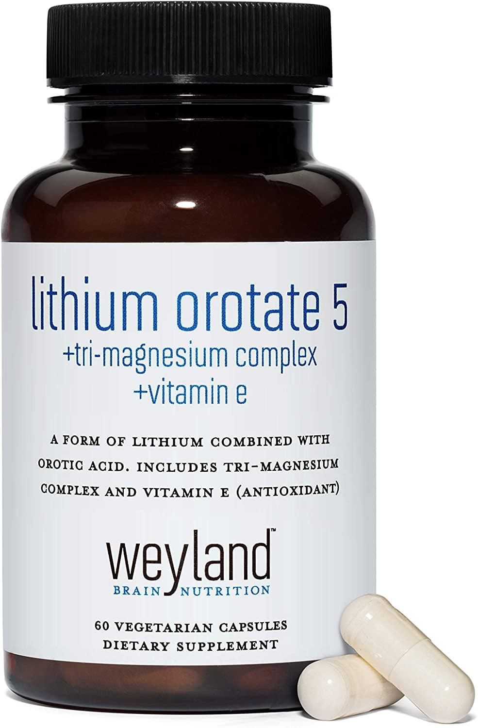 Weyland Brain Nutrition - Lithium Orotate 5mg + Magnesium + Vitamin E, 60 Vegetarian Capsules