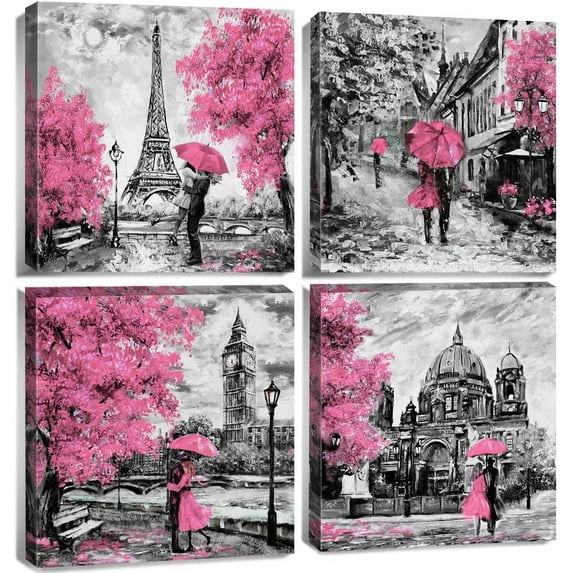 Paris Eiffel Tower Wall Decor for Girls Bedroom Pink Paris Décor Black and White Bathroom Pictures Wall Art Decor 12x12 4Pcs/Sets Modern Living Room Artwork for Walls Canvas Framed Home Decoration