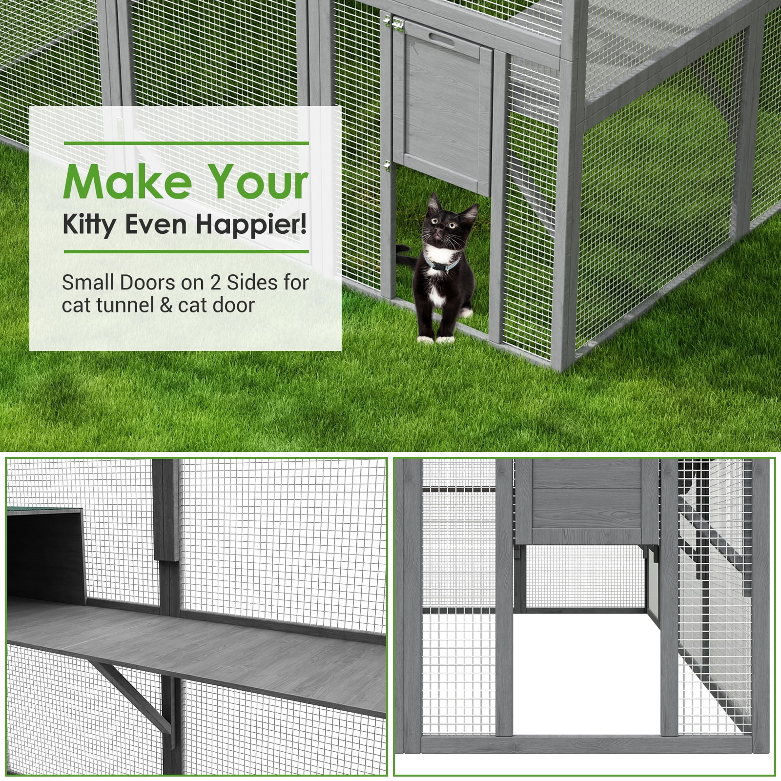 NARTRU 57.2ft² Large Wooden Outdoor Cat House, Cat Run Enclosure Walk in Cat Catio Cage with Enter Door, 2 Cat Doors, Roof Cover