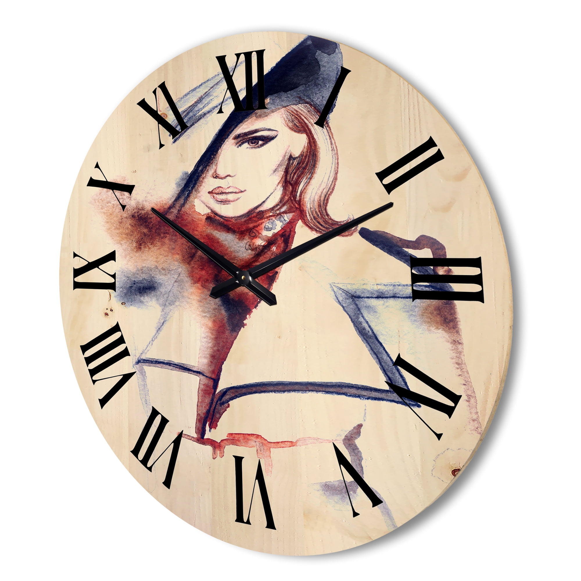 Designart 'Fashion Portrait of Woman Wearing Hat' Modern Wood Wall Clock