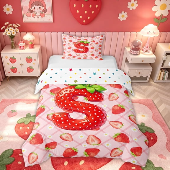 meiyoeat Strawberry Letter S Twin Duvet Cover for Kids, Princess Buffalo Twin Bedding for Bedroom, Pink, Polkadot Reversible 2-Piece, 1 Duvet Cover and 1 Pillowcase (No Comforter)