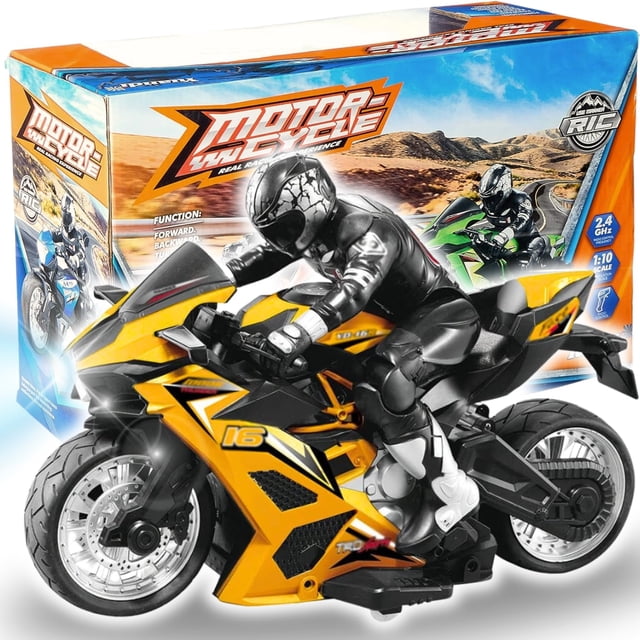Liberty Imports 2.4G RC Remote Control Stunt Motorcycle with Riding Figure 1:10 Scale High Speed Cross Country 360 Degree Rotation Drift Shockproof Racing Motorbike (Yellow)