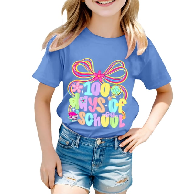 Rhuody Hauts pour Fille T-Shirt à Manches Courtes Col Rond T-Shirt à Imprimés de Dessins Animés Hauts Rétro Tenue Quotidienne 8-9 Ans Marine