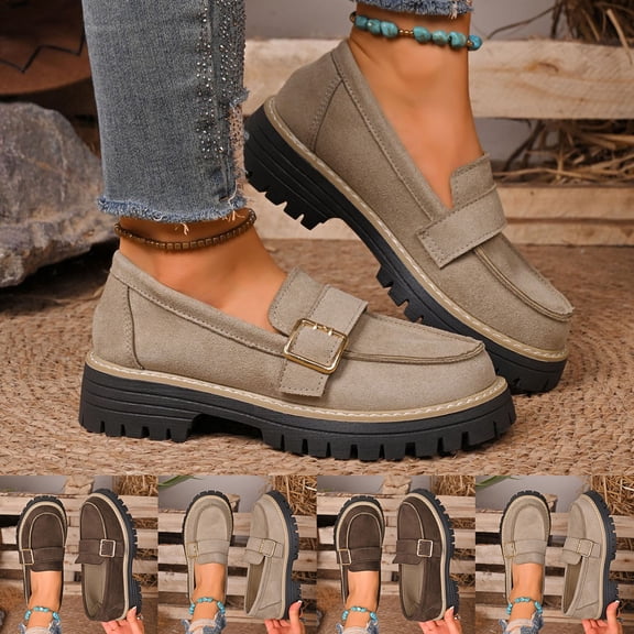 Women's Platform Loafers Wide Width, British Style Suede Metal Buckle Casual Shoes, Chunky Sole Low Heel Dress Shoes for Fall, Taupe/Brown