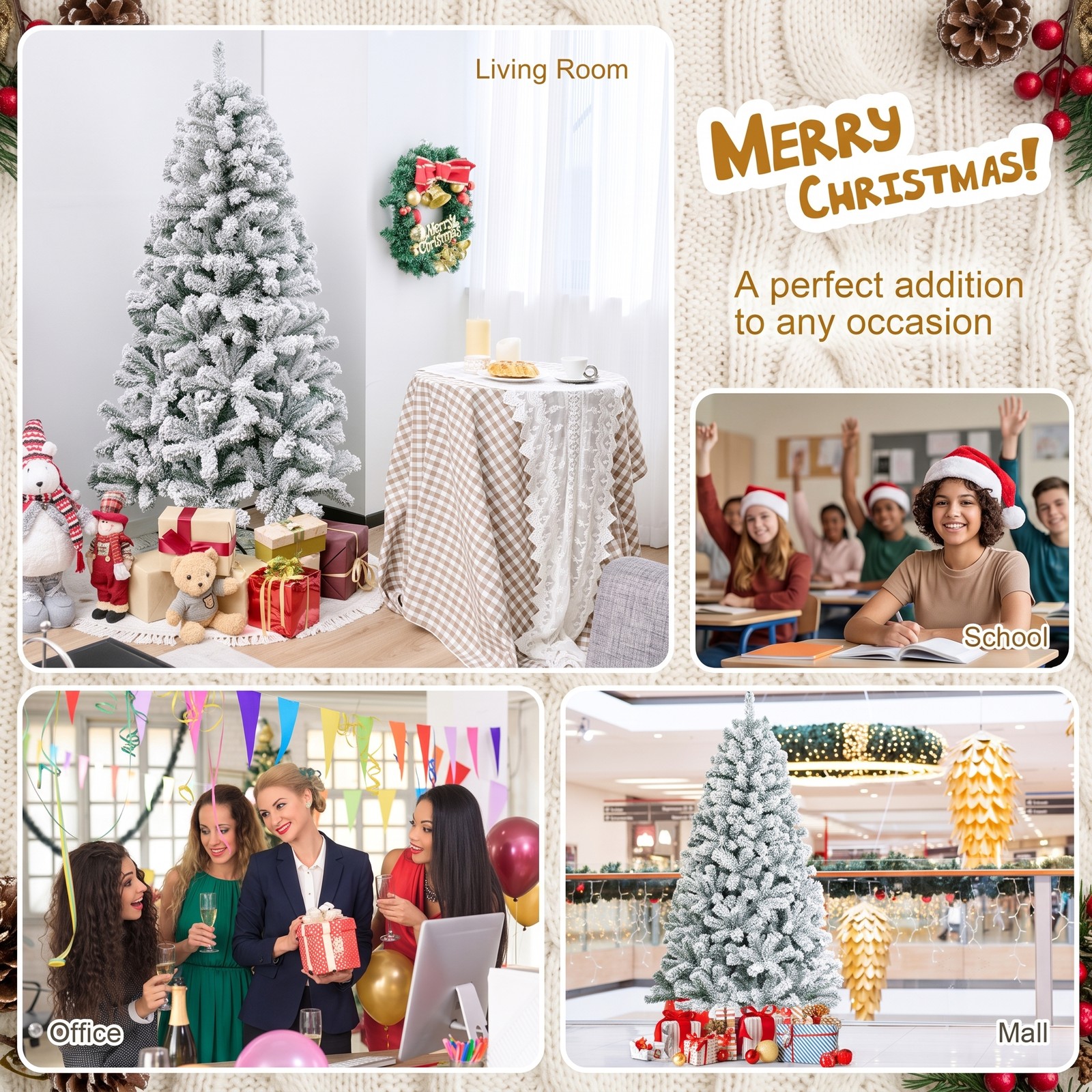 RUIE 6 FT Artificial Christmas Tree, Snow Flocked Hinged Full Xmas Tree with Metal Stand, 600 Branch Tips PVC Holiday Tree for Home Apartment Party Indoor, White