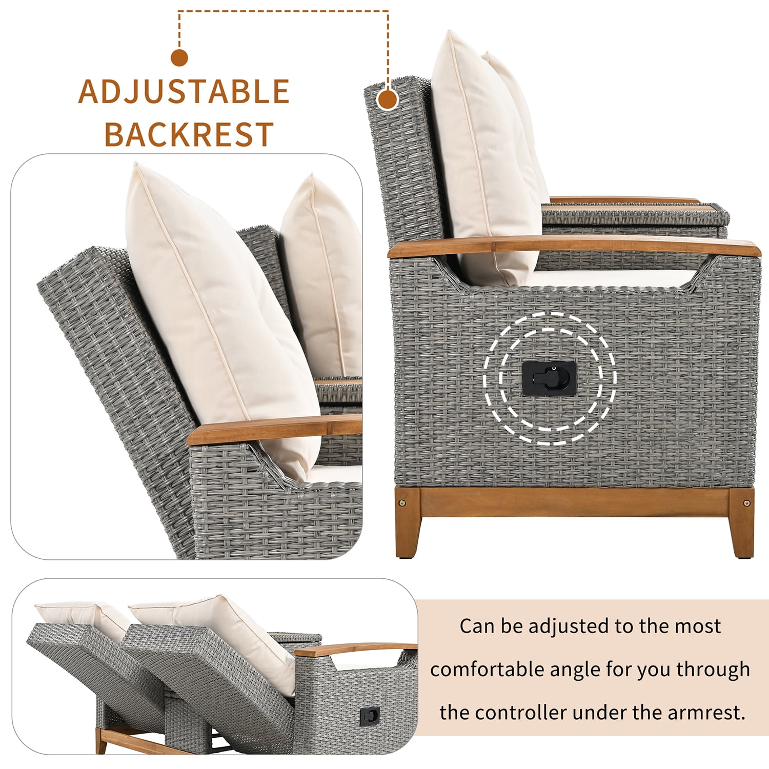 Kadyn Outdoor Comfort Adjustable Loveseat, Armrest with Storage Space, Loveseat Sofa Chairs for Courtyards, Beige Kadyn Outdoor Comfort Adjustable Loveseat, Armrest with Storage Space, Loveseat Sofa Chairs for Courtyards, Beige