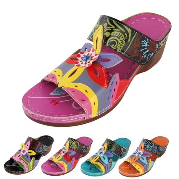 longantii Womens Orthopedic Sandals 2026 Summer Wedge Orthopedic Sandals with Arch Support Comfy Slip on Flower Hollow Peep Toe Platform Slippers Boho Beach Shoes Purple