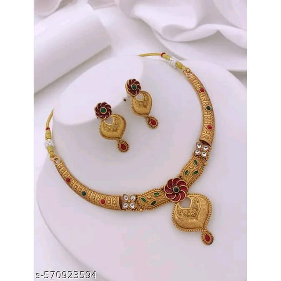 Traditional Antique Gold Plated Necklace Set with Earrings Jewelry For Women Wedding Wear Gift
