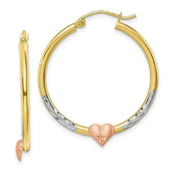 Primal Gold 10 Karat Yellow and Rose Gold With White Rhodium-plated Diamond-cut Heart Hoop Earrings