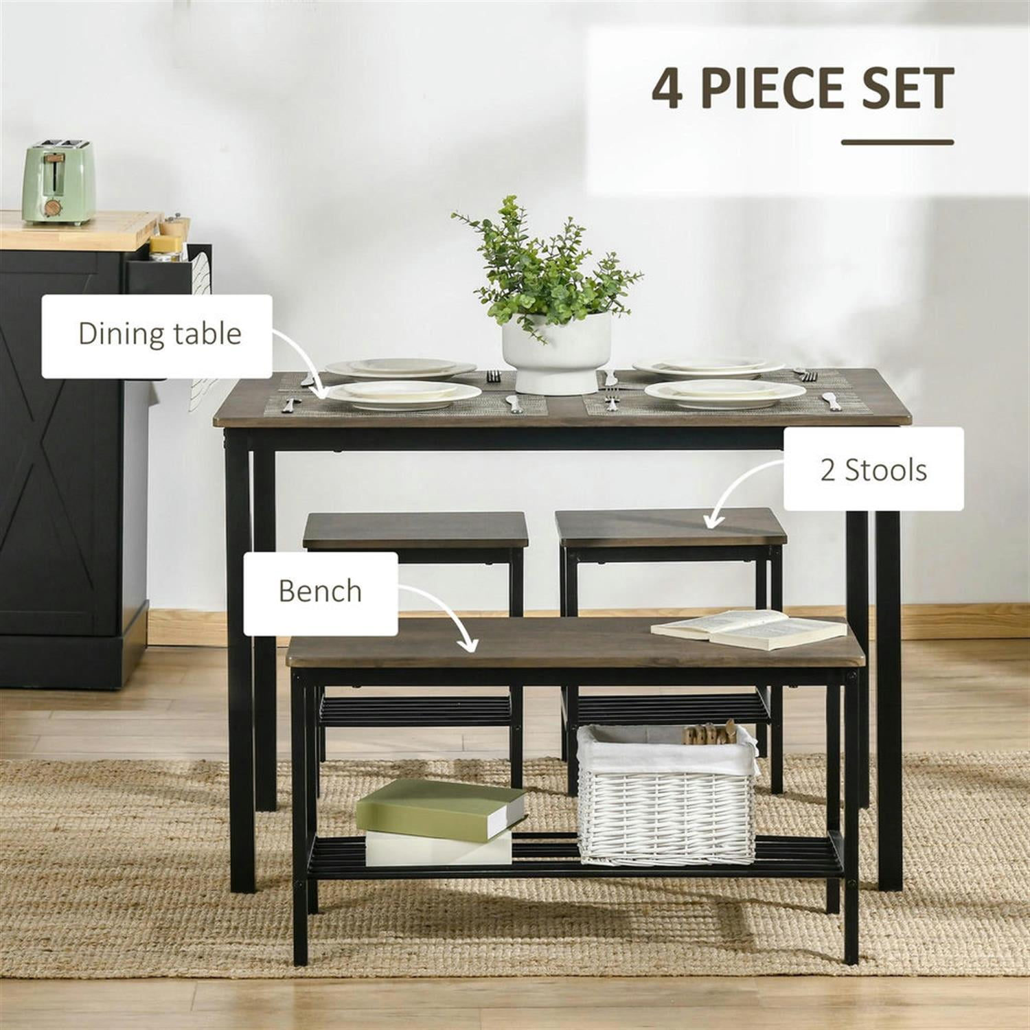 Demi Bonn 4 Piece Dining Table Set for Small Spaces,dustrial Kitchen Table and Chairs for 4 Dining Room Set with Bench, 2 Stools, Brown