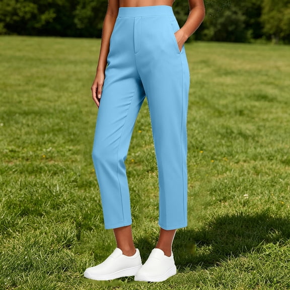 Oiangi Yoga Pants with Pockets for Women High Waist Stretchy Workout Pant Fall Straight Leg Cropped Trousers Sky Blue L